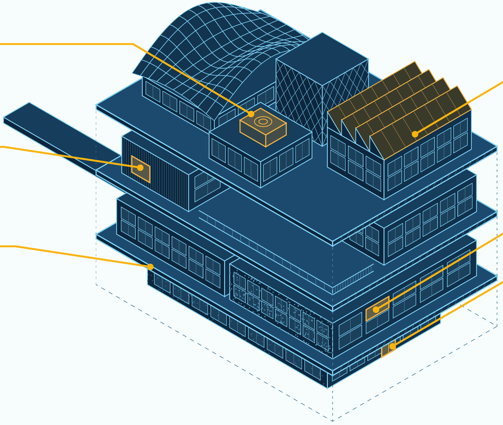 Referenz-Visualisierung des NEST-Gebäudes mit markierten Bauteilen für digitale Produktpässe
